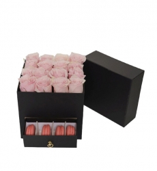 Çekmeceli Siyah Kutuda 16 Pembe Gül ve 4 Makaron | Hediye ve Çiçek Aranjmanı