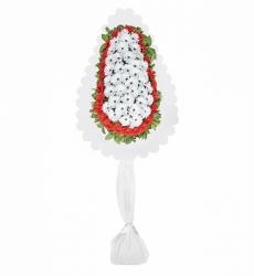 Tasarım beyaz ve kırmızı yapay gerberalar ile hazırlanmış tek katlı nikah, açılış ve düğün çelengi.
