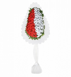 Beyaz ve kırmızı yapay gerbera ile hazırlanmış tek katlı nikah, açılış ve düğün çiçeği.